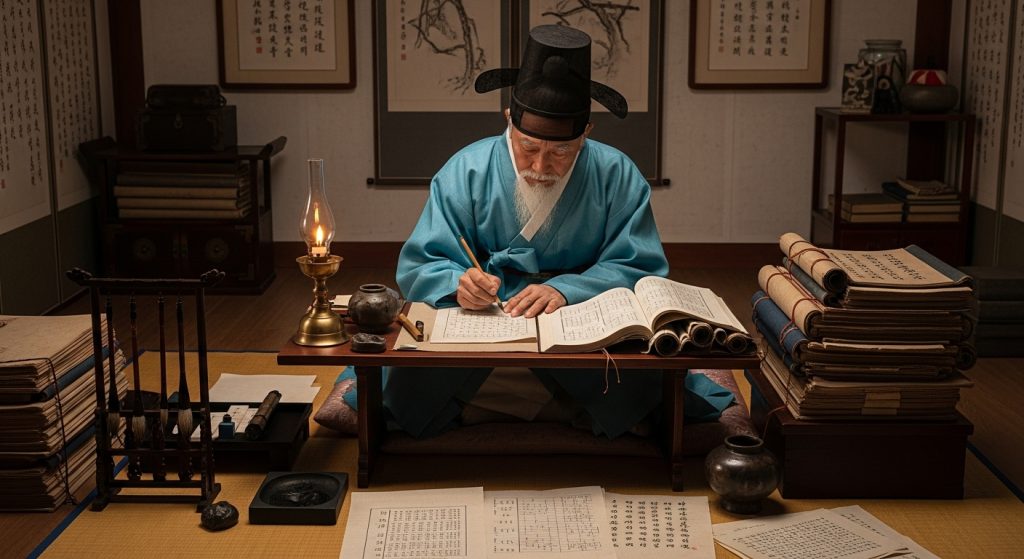 촛불 아래 한복을 입은 선비가 고문헌을 탐독하는 모습. 토정비결의 오랜 역사와 지혜를 상징합니다.