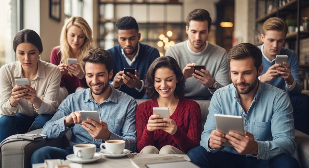 다양한 사람들이 스마트폰으로 무료 운세를 확인하는 모습. 현대적인 토정비결의 접근성을 나타냅니다.