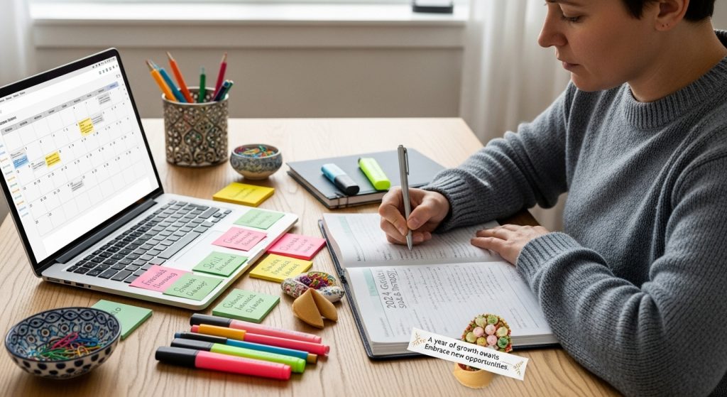 달력과 노트북, 필기구를 앞에 두고 신중하게 새해 계획을 세우는 사람. 운세를 바탕으로 미래를 설계하는 모습을 보여줍니다.