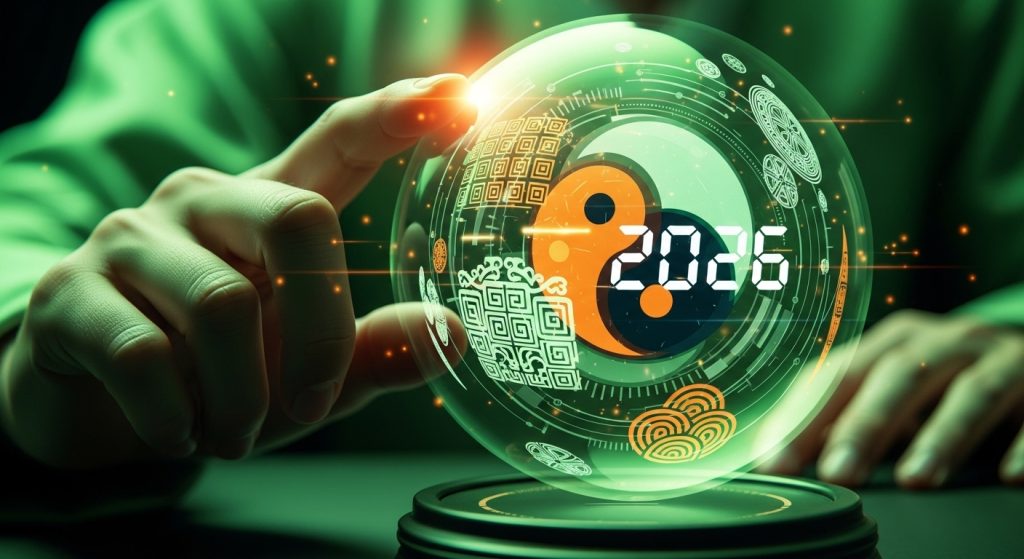 2026년 토정비결을 현대적으로 재해석한 이미지. 홀로그램 구슬에 전통 문양과 '2026' 숫자가 조화롭게 빛나며, 현명한 미래 설계를 암시합니다.