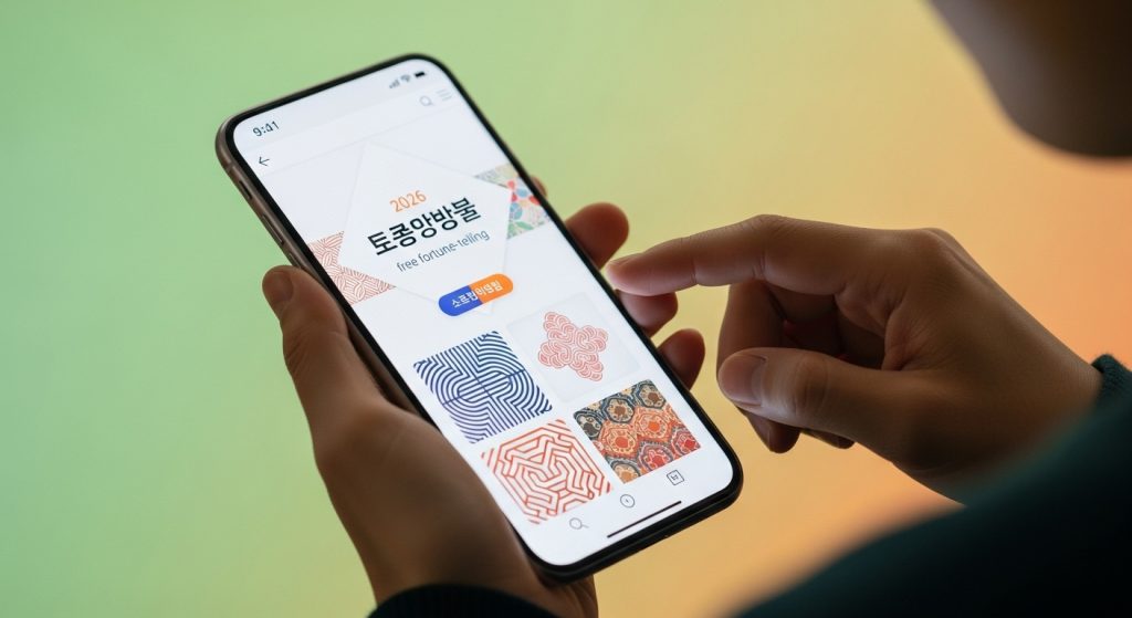 스마트폰으로 2026년 토정비결 무료 풀이 사이트를 확인하는 모습. 편리한 온라인 운세 서비스를 보여줍니다.