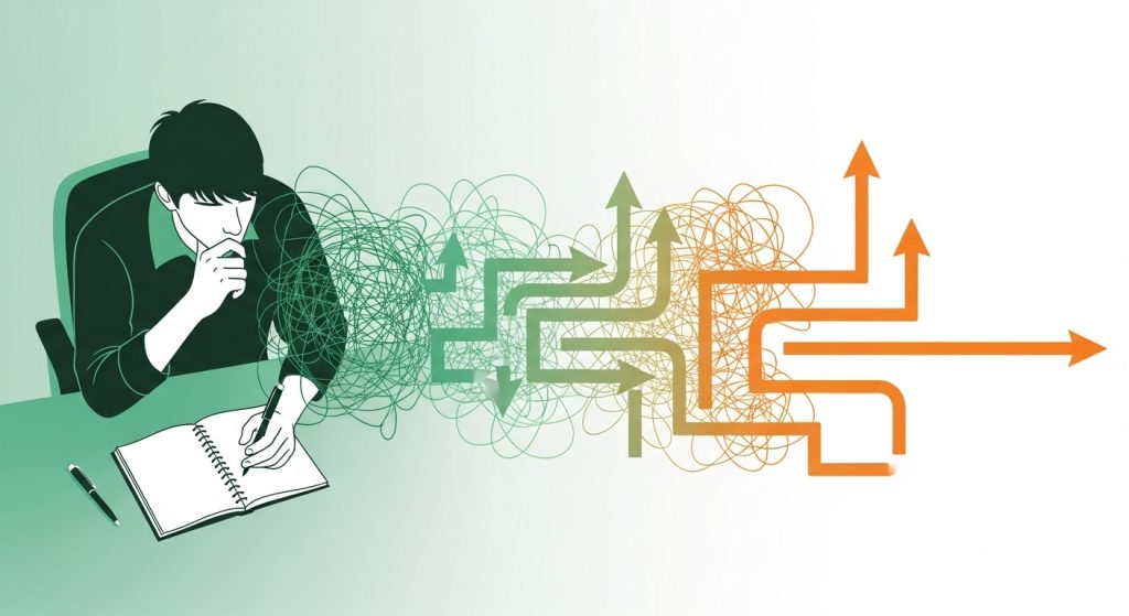 노트와 펜을 들고 깊은 생각에 잠긴 사람의 모습. 토정비결을 바탕으로 전략을 세우고 미래를 계획하는 지혜를 상징합니다.