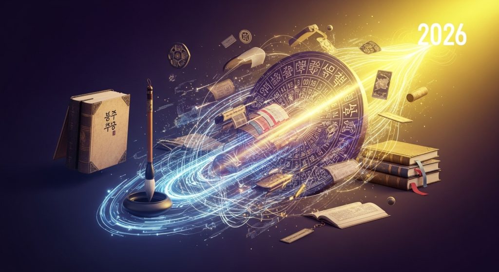 전통적인 한국 토정비결 책과 현대적인 디지털 운세 분석이 조화된 신비로운 이미지, 2026년 운세를 상징하는 보라색과 노란색의 빛이 어우러져 희망찬 미래를 암시함.