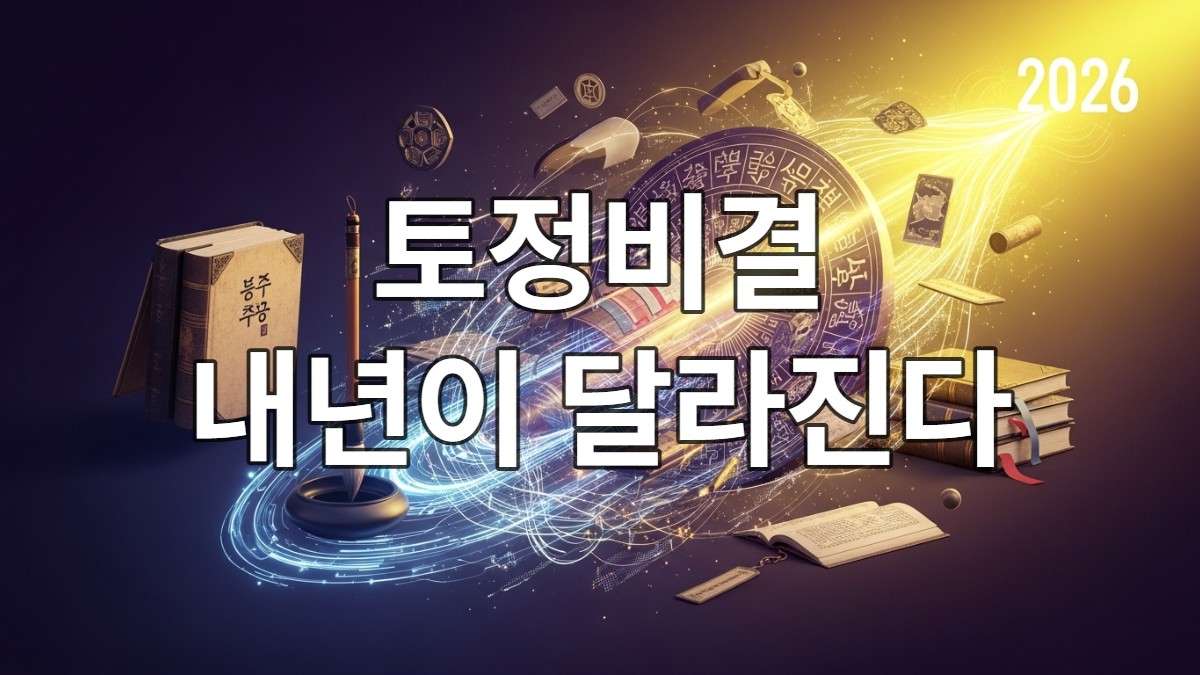 전통적인 한국 토정비결 책과 현대적인 디지털 운세 분석이 조화된 신비로운 이미지, 2026년 운세를 상징하는 보라색과 노란색의 빛이 어우러져 희망찬 미래를 암시함.