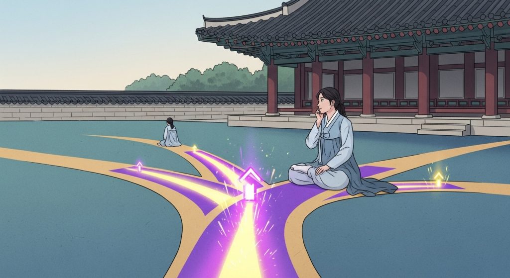 자신을 돌아보고 미래를 계획하는 사람이 여러 갈래 길 앞에서 현명한 선택을 고민하는 모습, 희망적인 빛이 비추는 길.