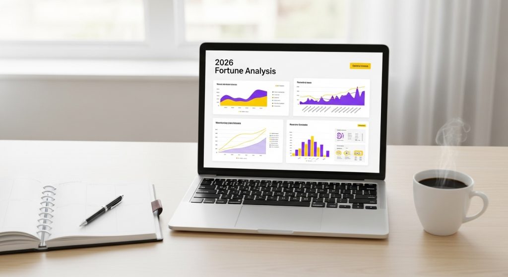 노트북으로 2026년 운세 분석 화면을 보고 계획을 세우는 현대인의 책상 모습, 생산적이고 밝은 분위기.
