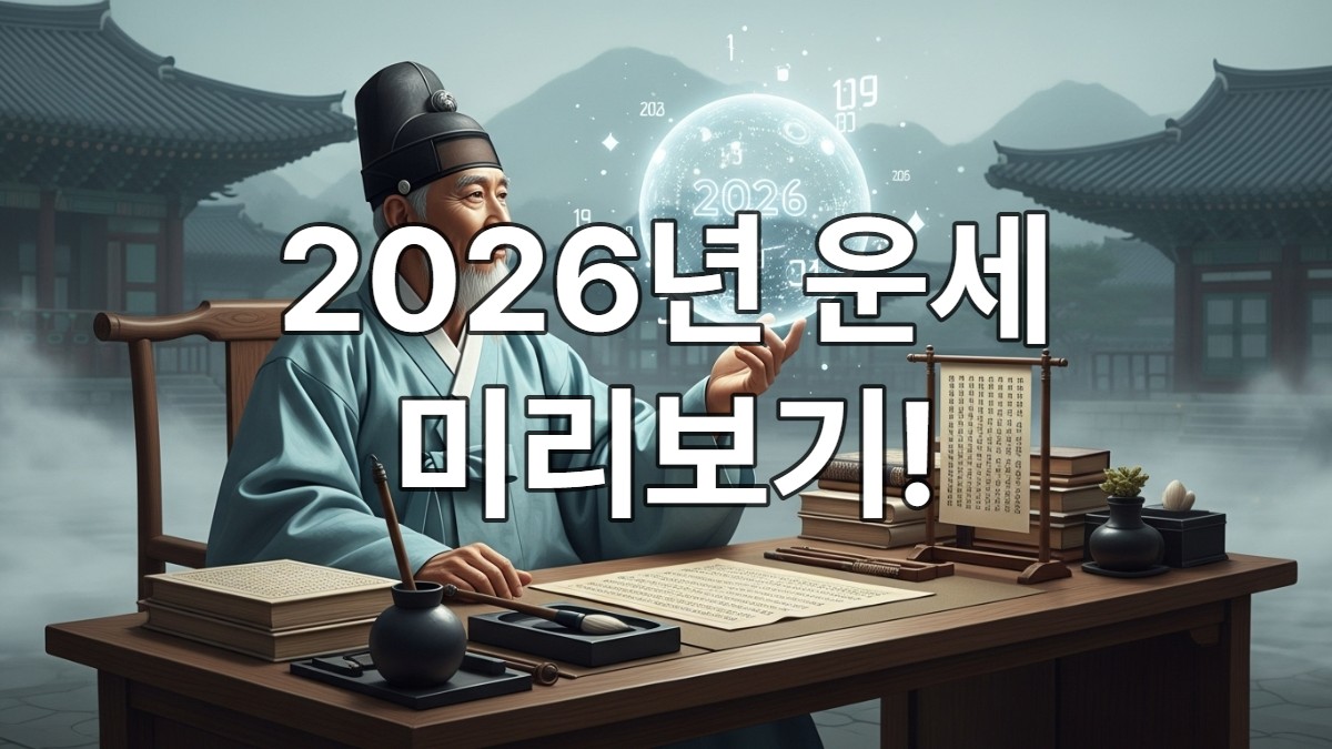고전 한복을 입은 학자가 책상에 앉아 2026년을 상징하는 빛나는 구슬을 바라보며 미래를 숙고하는 모습. 고전의 지혜로 새해를 준비하는 토정비결 무료 풀이 블로그 게시물의 대표 이미지.