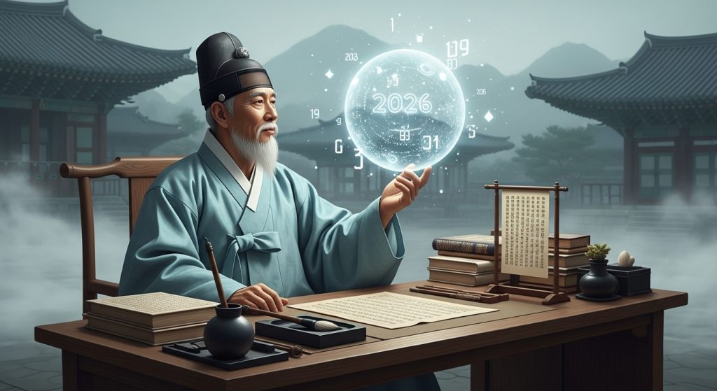 고전 한복을 입은 학자가 책상에 앉아 2026년을 상징하는 빛나는 구슬을 바라보며 미래를 숙고하는 모습. 고전의 지혜로 새해를 준비하는 토정비결 무료 풀이 블로그 게시물의 대표 이미지.