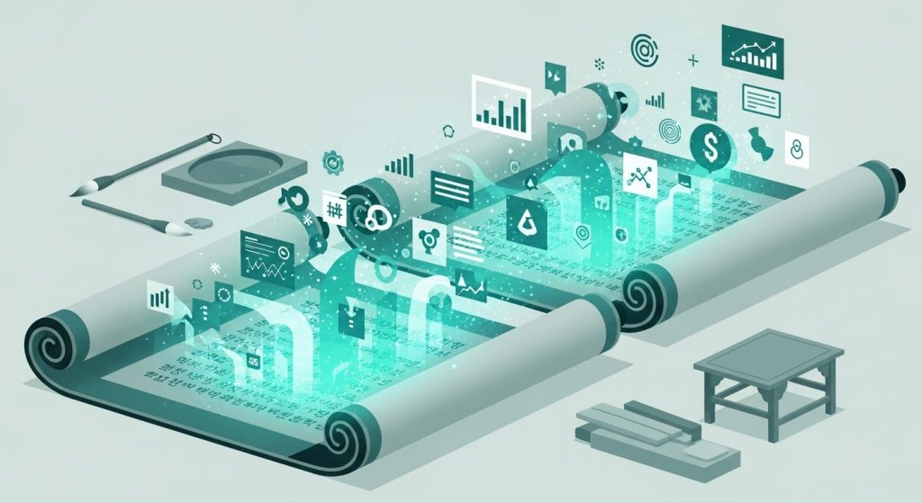 고대 두루마리에서 현대 데이터 차트로 변하는 이미지가 토정비결의 전통과 현대적 해석을 연결하는 모습.