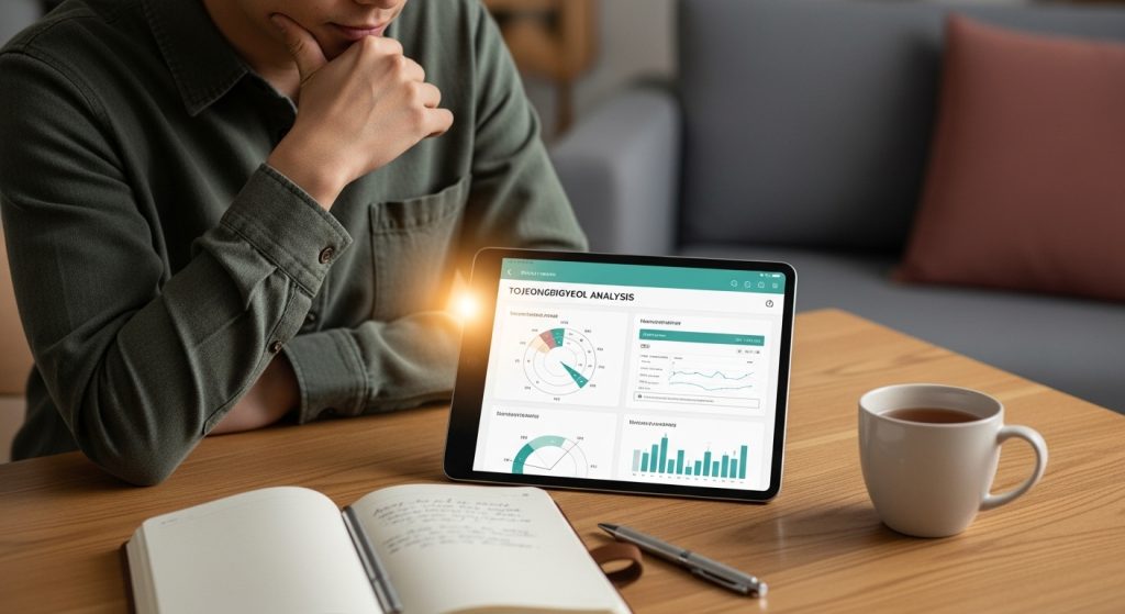 태블릿으로 토정비결 분석을 살펴보며 신중하게 미래를 계획하는 사람의 모습.