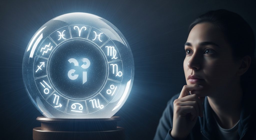 푸른빛 크리스탈 볼을 바라보며 2026년 신년운세를 예측하는 사람의 모습