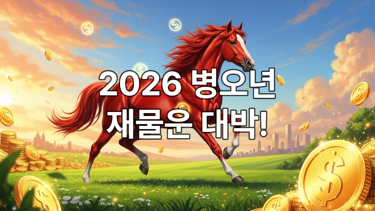붉은 말과 금화가 역동적으로 뛰노는 초록 들판, 2026년 병오년 재물운을 상징하는 풍요로운 모습.