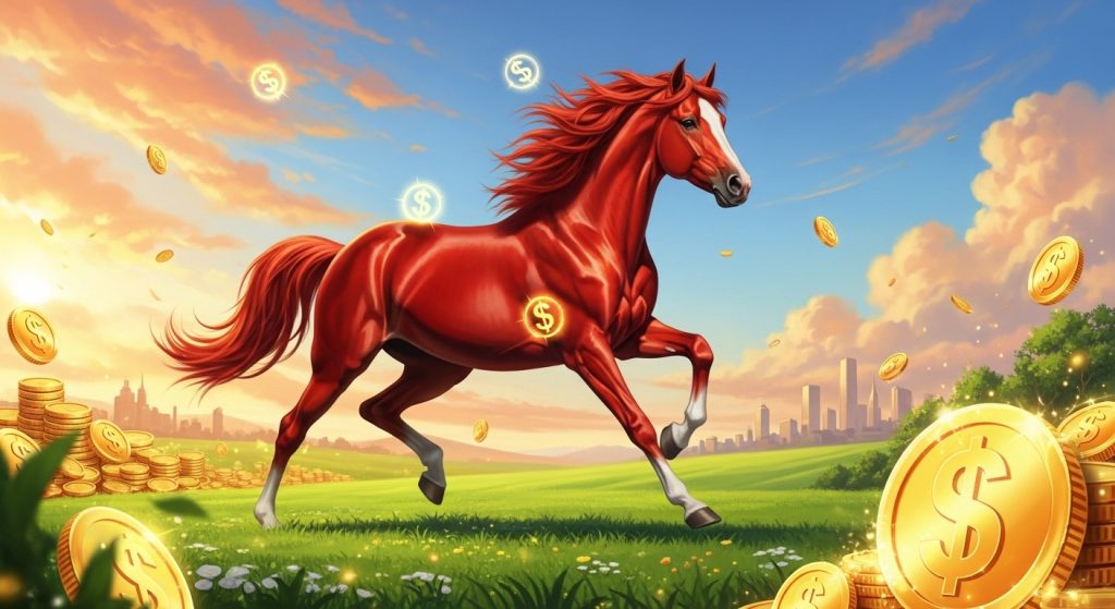 붉은 말과 금화가 역동적으로 뛰노는 초록 들판, 2026년 병오년 재물운을 상징하는 풍요로운 모습.