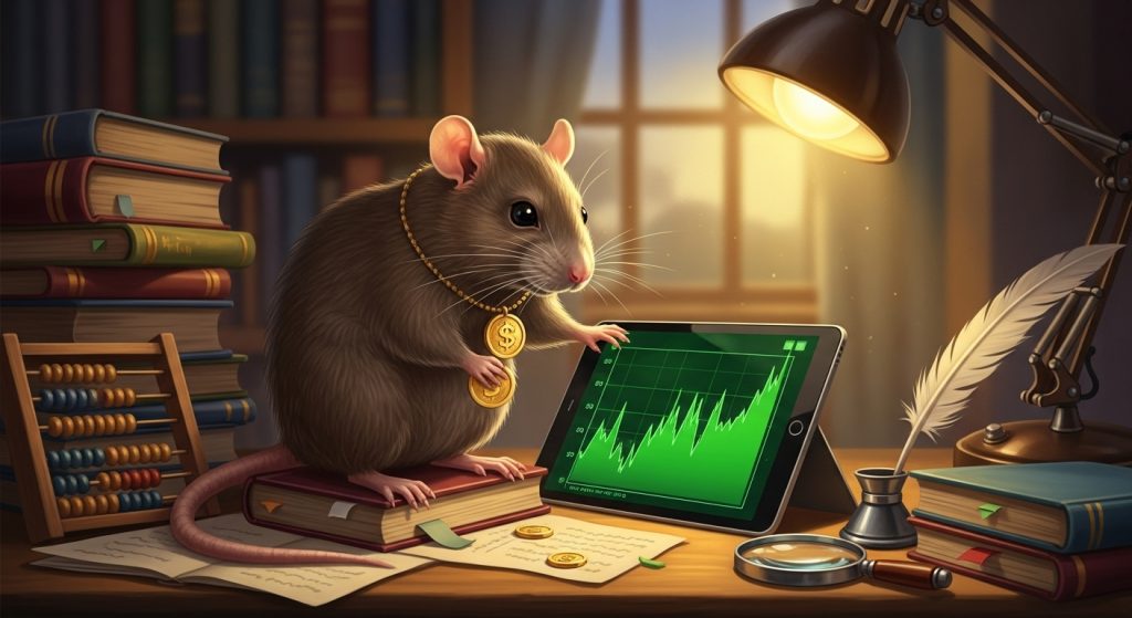 작은 금화를 목에 건 영리한 쥐가 상승하는 금융 차트를 분석하는 모습, 쥐띠의 재물운 상승을 상징.