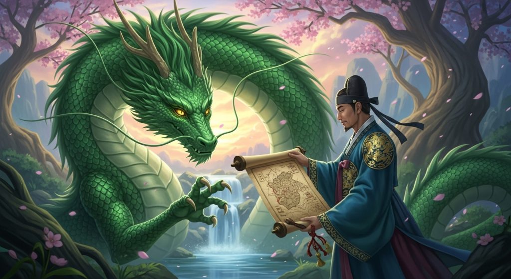 인간으로부터 귀한 두루마리를 받는 위엄 있는 용, 용띠의 귀인 도움을 통한 재물운을 표현.