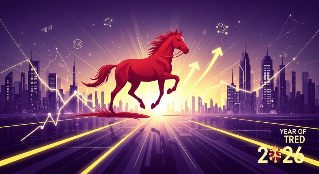 2026년 붉은 말의 해, 승진, 이직, 창업 성공의 기회를 상징하는 역동적인 모습