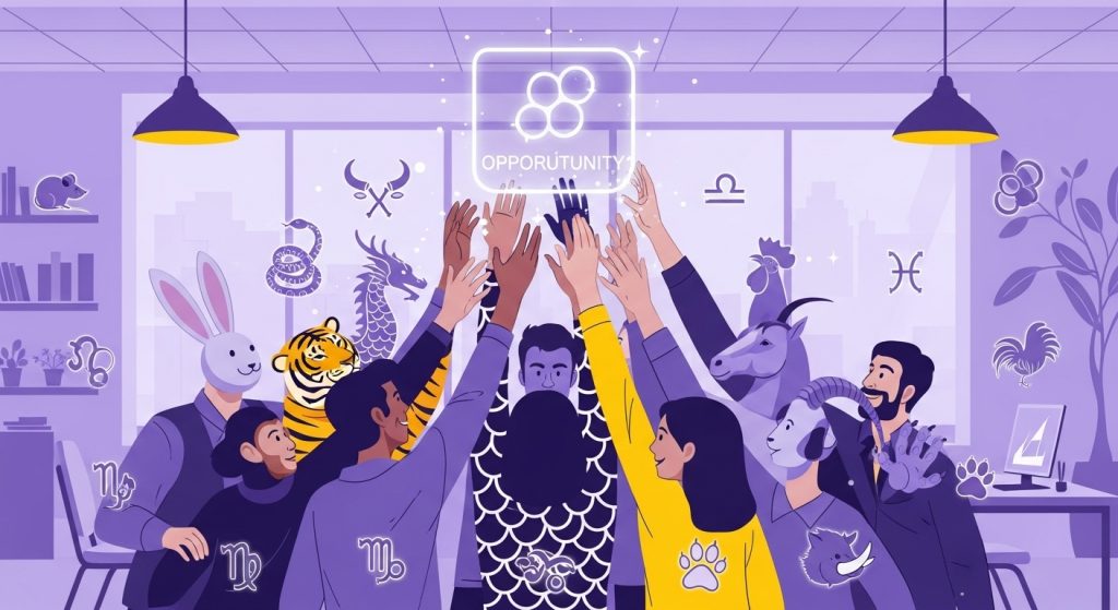 2026년 직업운과 사업운 성공을 위해 협력하고 기회를 잡는 사람들의 모습