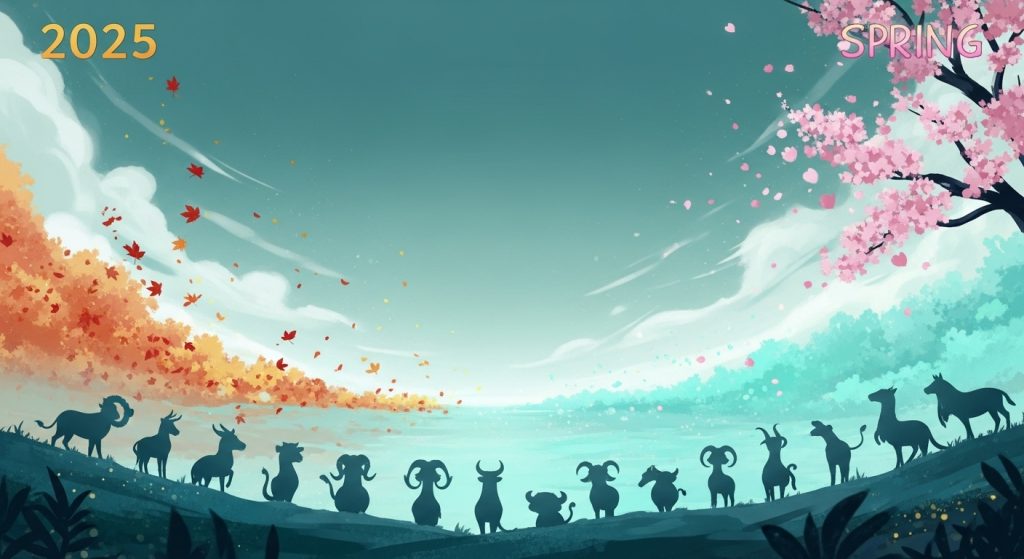 2025년에서 2026년으로 넘어가는 희망찬 새해를 상징하는 그림. 12지신 띠 동물들이 새로운 시작을 기대하며 모여있는 모습.