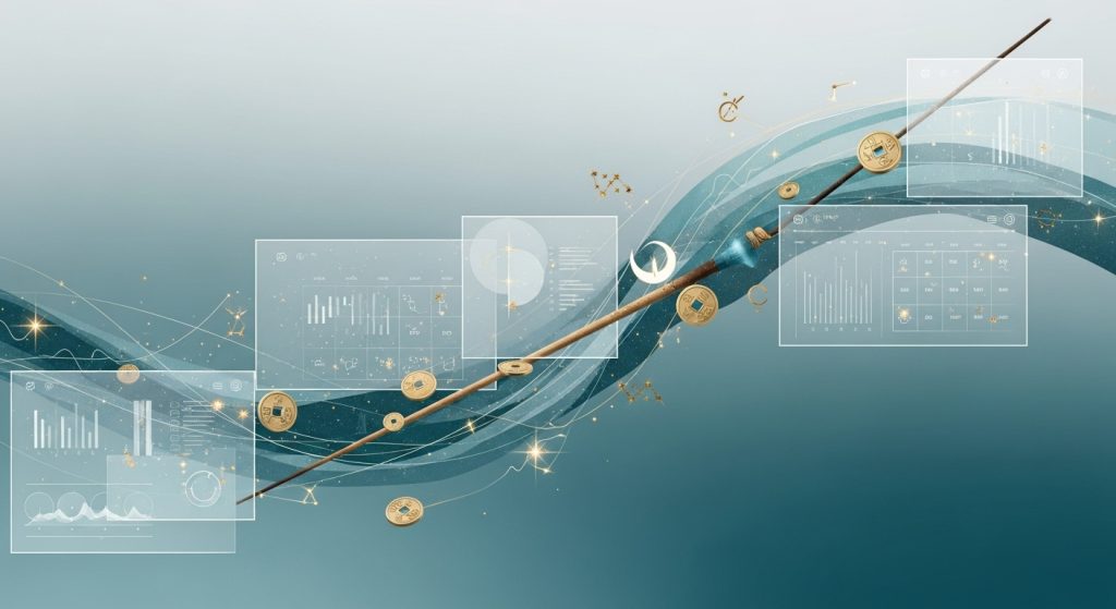 전통적인 운세 도구와 현대적인 데이터 시각화가 결합된, 미래를 계획하는 모습의 추상적인 이미지.