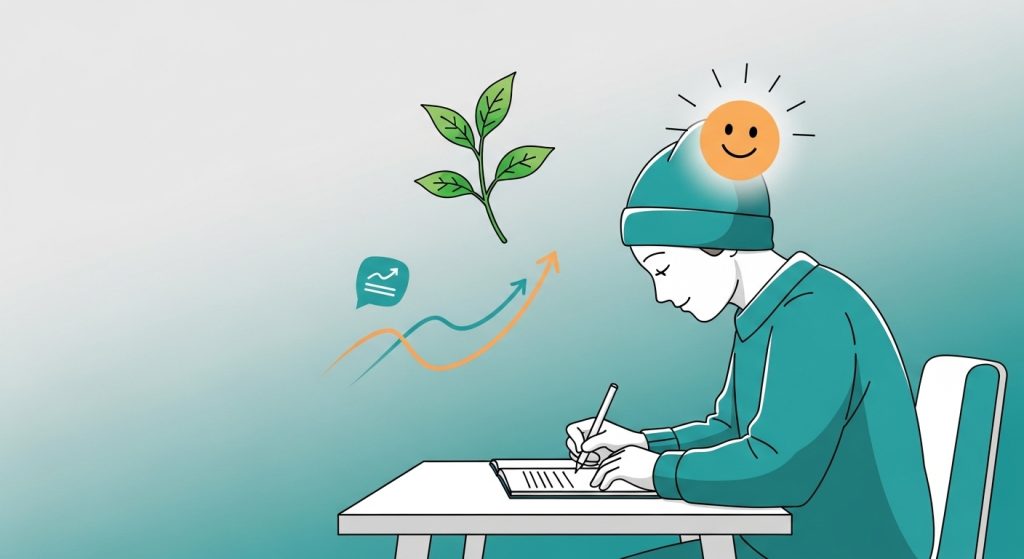 차분하게 계획을 세우고 미래를 준비하는 사람의 모습. 성장, 번영, 평화를 상징하는 요소들이 주변에 배치되어 있음.