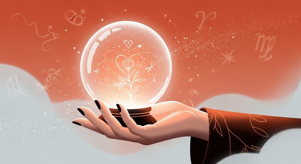 수정구슬 속 2026년 애정운의 희망찬 미래를 보여주는 몽환적인 이미지