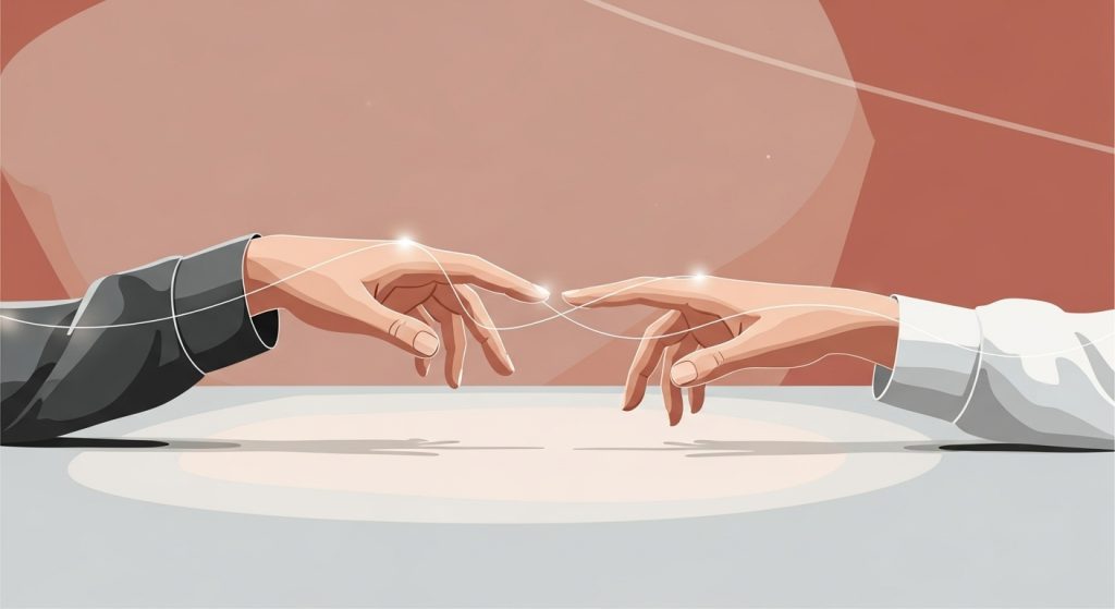 서로에게 닿으려는 두 손, 관계의 연결과 이해를 상징하는 따뜻한 분위기의 삽화