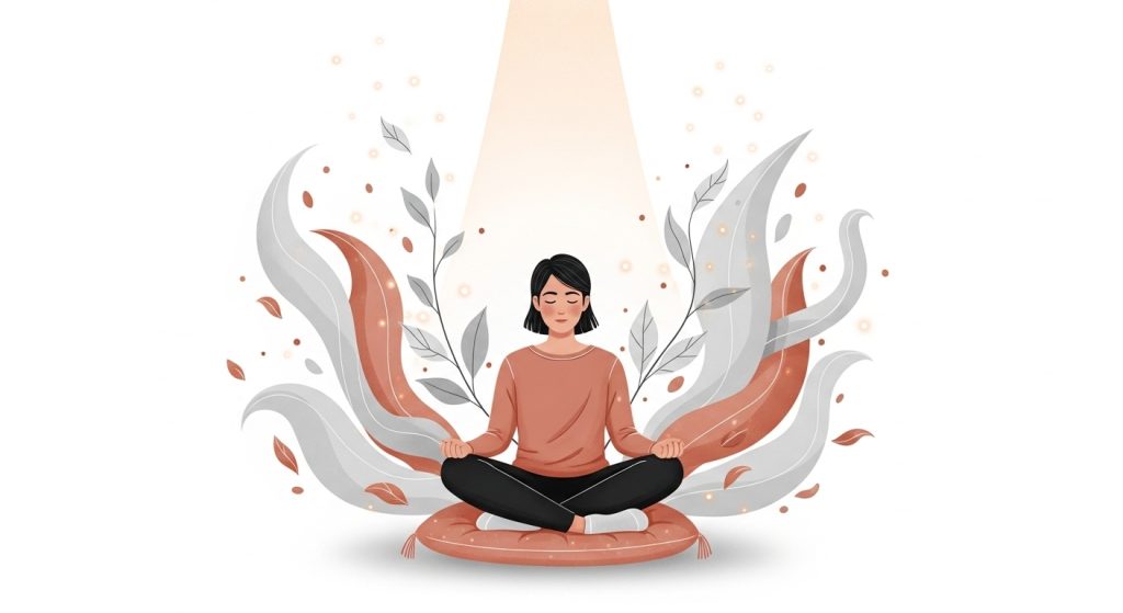 평화롭게 앉아 내면을 성찰하며 성장하는 사람의 모습, 자기 이해와 평온을 나타내는 삽화