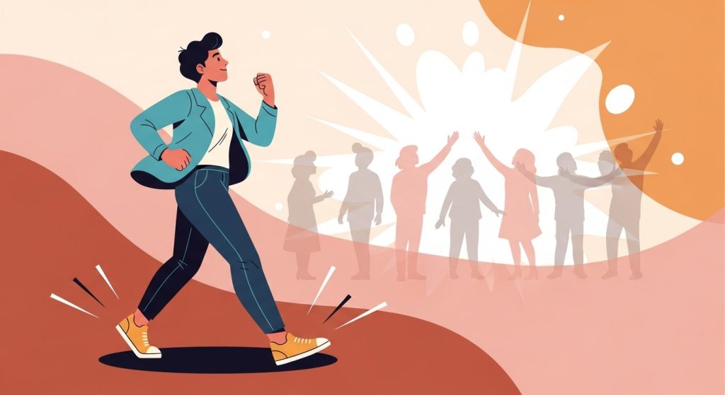 밝은 미래를 향해 자신감 있게 나아가는 사람, 새로운 기회와 긍정적인 사회적 상호작용을 나타내는 삽화