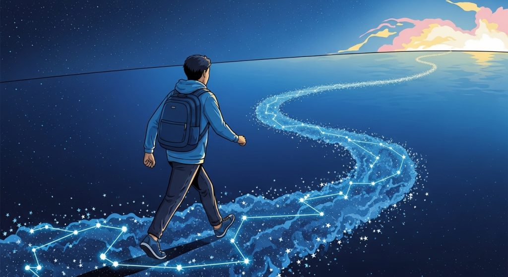 별자리 길을 따라 자신감 있게 나아가는 한 사람이 새로운 사랑의 기회를 상징하는 이미지