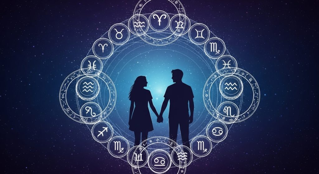 별자리가 얽힌 고리 안에 손을 잡고 있는 행복한 커플의 모습으로 관계의 유대감을 상징