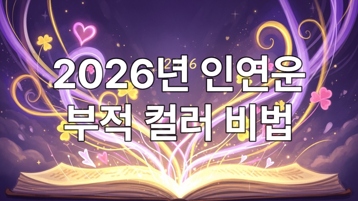 2026년의 운명적인 사랑을 상징하는 라벤더 퍼플, 골든 옐로우, 로즈 핑크색 빛이 흘러나오는 마법 책과 행운 부적 이미지