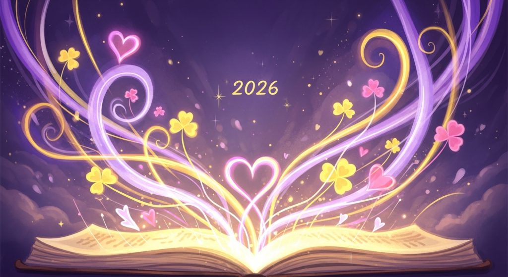 2026년의 운명적인 사랑을 상징하는 라벤더 퍼플, 골든 옐로우, 로즈 핑크색 빛이 흘러나오는 마법 책과 행운 부적 이미지