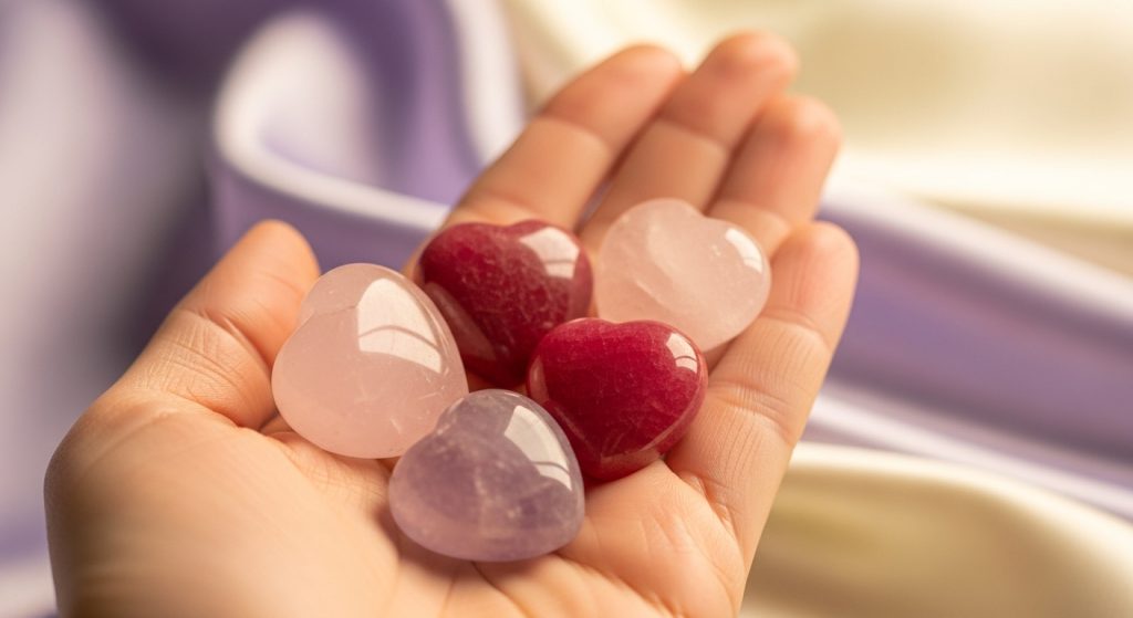 손에 들린 로즈 쿼츠, 루비, 라벤더 자수정 하트 보석들과 부드러운 천 배경으로 사랑과 치유의 에너지를 표현한 이미지