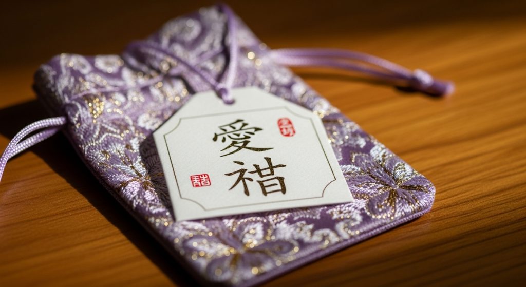 사랑과 운명을 상징하는 한국어 문자가 적힌 종이 부적이 섬세하게 수놓아진 라벤더 퍼플 주머니 안에 담겨 있는 모습