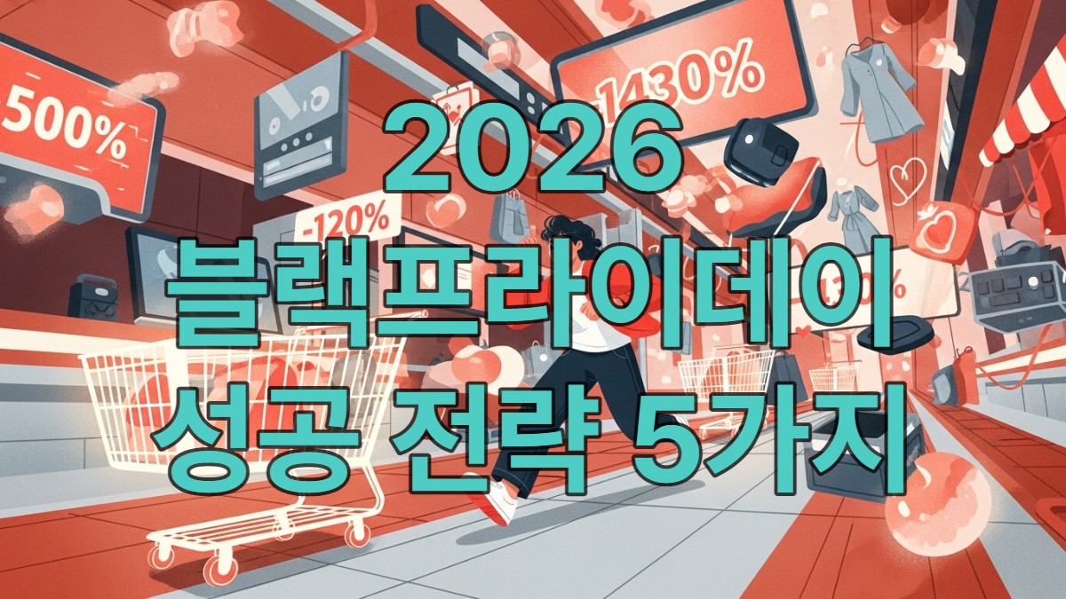 미래지향적인 쇼핑 공간에서 블랙프라이데이 쇼핑을 즐기는 사람의 모습, 다양한 할인율이 표시된 화면이 배경에 보인다.