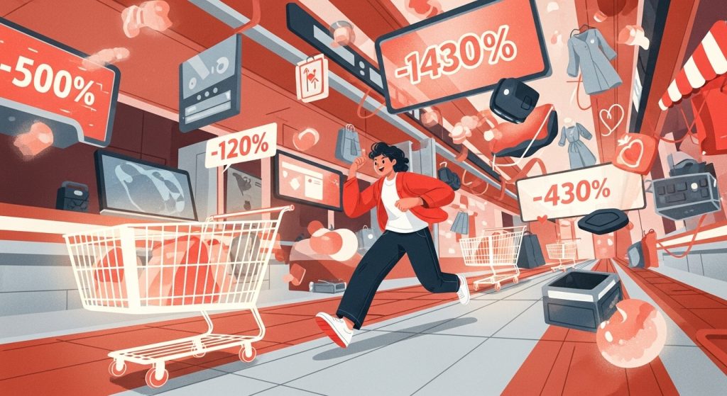 미래지향적인 쇼핑 공간에서 블랙프라이데이 쇼핑을 즐기는 사람의 모습, 다양한 할인율이 표시된 화면이 배경에 보인다.