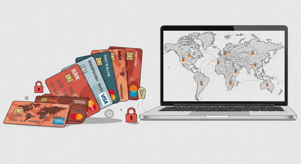 다양한 해외 결제 카드와 배송 대행지 지도가 보이는 노트북 화면.