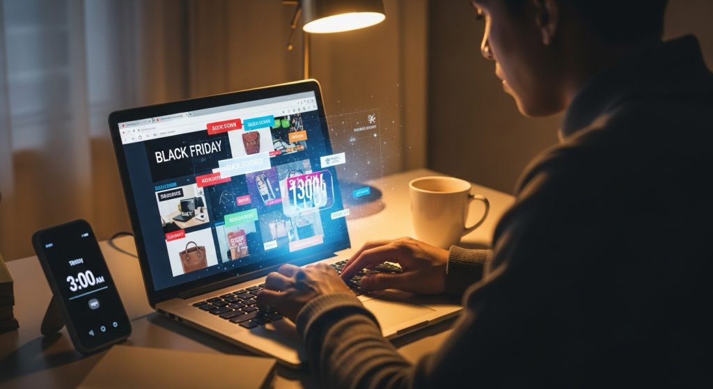 새벽에 노트북으로 블랙프라이데이 핫딜을 검색하며 집중하는 사람의 모습.