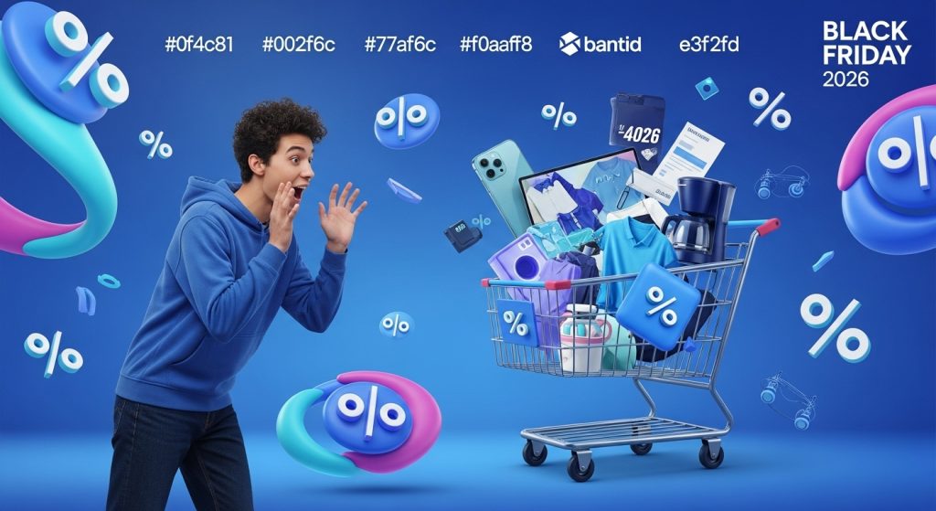 블랙프라이데이 2026 쇼핑을 기대하며 다양한 할인 제품이 가득 찬 가상 장바구니를 바라보는 사람의 모습, 역동적인 할인율과 브랜드 로고가 배경에 표현됨