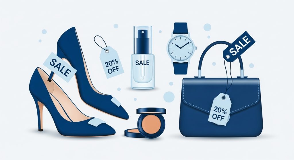 세련된 패션 액세서리와 프리미엄 뷰티 제품들이 예술적으로 배치된 일러스트, 블랙프라이데이 할인을 암시하는 고급스러운 분위기.
