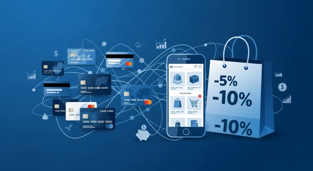 신용카드, 스마트폰 온라인 쇼핑 화면, 할인율 표시 쇼핑백 등이 연결되어 현명한 금융 계획과 혜택 극대화를 상징하는 추상적인 인포그래픽.