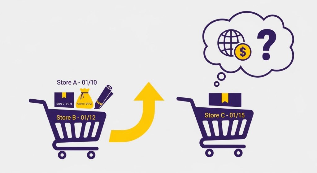 합산과세의 개념을 설명하는 인포그래픽: 여러 주문이 합쳐져 관세 부과 대상이 되는 모습.