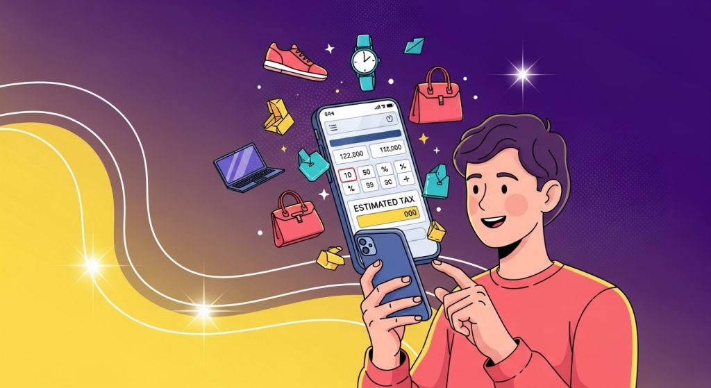 스마트폰으로 해외 직구 예상 관세를 계산하며 만족하는 사람의 모습.