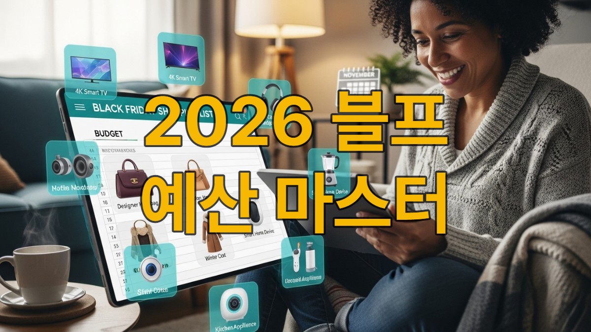 2026년 블랙프라이데이 쇼핑 예산을 태블릿으로 계획하는 행복한 사람의 모습