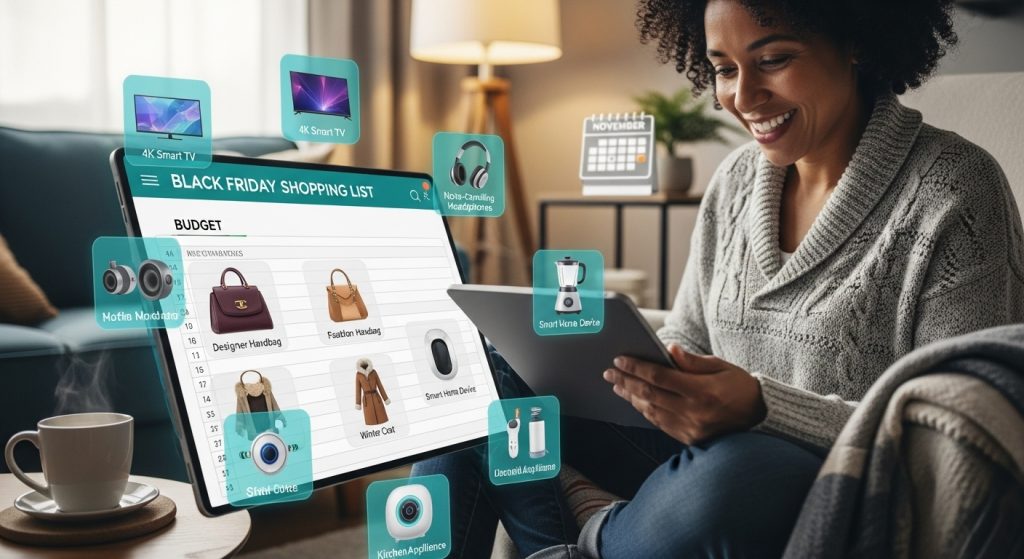 2026년 블랙프라이데이 쇼핑 예산을 태블릿으로 계획하는 행복한 사람의 모습