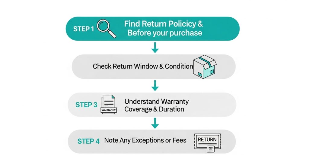 블랙프라이데이 구매 전 반품 및 교환 정책을 꼼꼼히 확인하는 과정을 보여주는 시각 자료