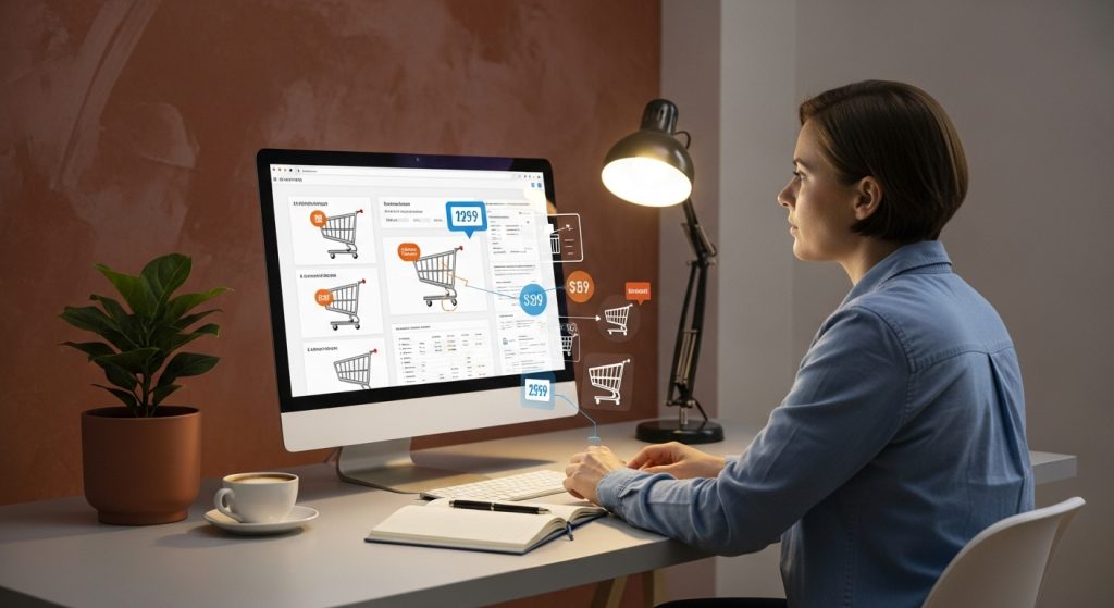 노트와 컴퓨터로 블랙프라이데이 쇼핑 계획을 세우는 사람