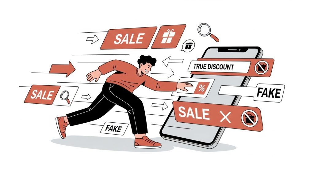 스마트폰으로 블랙프라이데이 딜을 빠르게 검색하는 모습