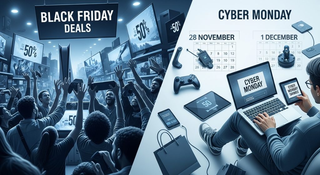2025년 블랙프라이데이(11월 28일)와 사이버먼데이(12월 1일) 쇼핑 대전을 비교하는 활기찬 이미지. 한편에는 대형 전자제품 매장에서 사람들이 할인된 제품을 향해 손을 뻗는 모습이, 다른 한편에는 집에서 노트북으로 온라인 쇼핑을 즐기는 모습이 담겨 있습니다.