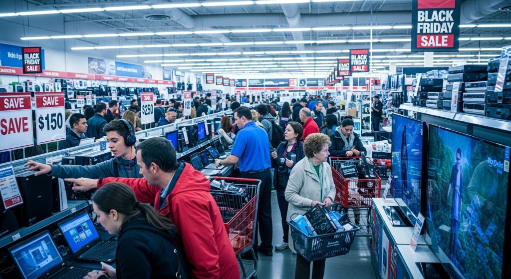 블랙프라이데이 매장에서 사람들이 할인된 대형 TV와 전자제품을 구경하며 활기차게 쇼핑하는 모습.